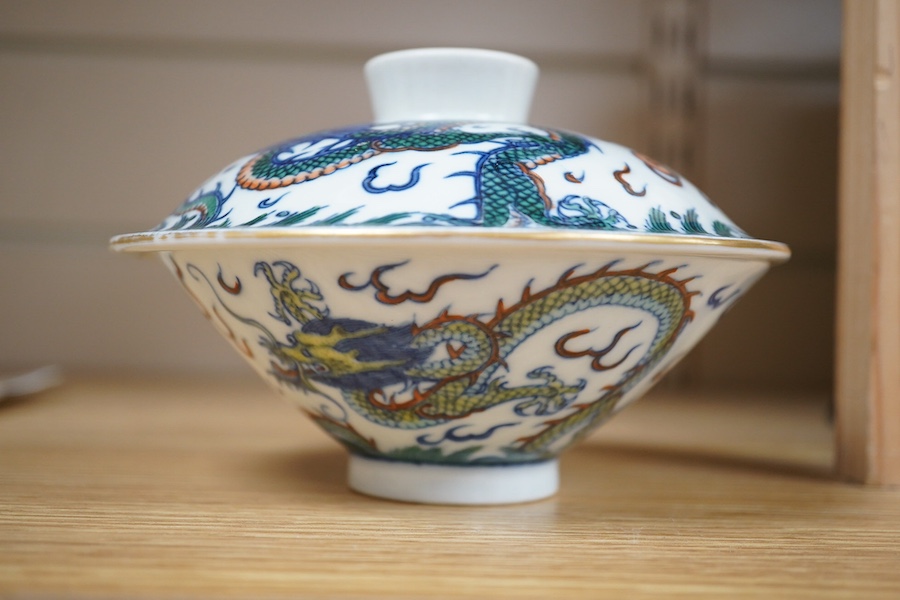 A Chinese Doucai bowl and cover, 14cm diameter. Condition - good